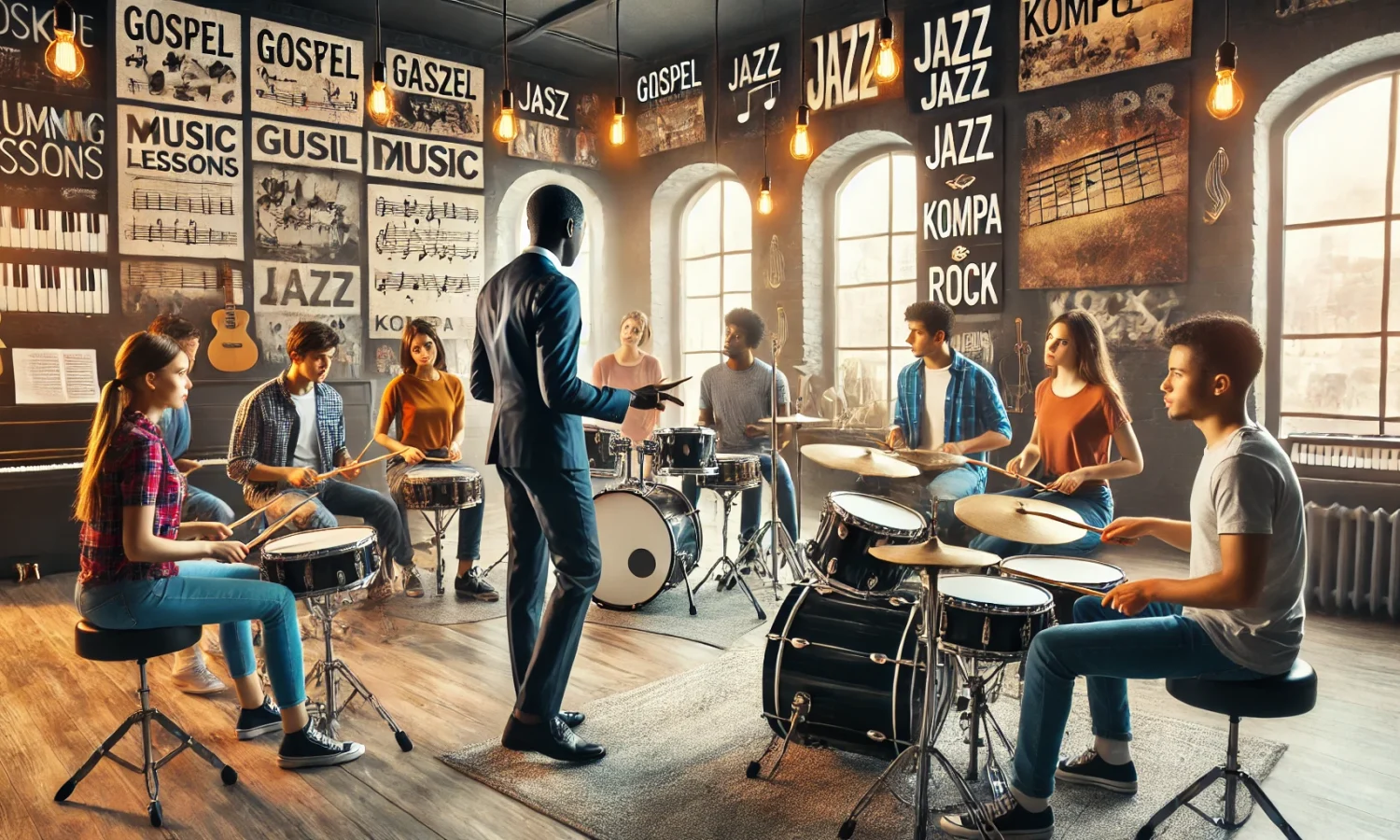 DALL·E 2024-12-13 07.29.08 - A diverse and vibrant scene showcasing drumming lessons, featuring students of different levels (beginner, intermediate, and advanced) learning with a