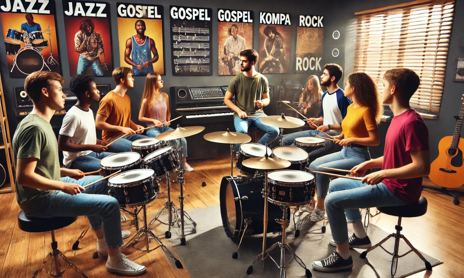 DALL·E 2024-12-13 07.30.19 - A group of students at various skill levels (beginner, intermediate, and advanced) participating in a drum lesson in a lively, well-equipped music stu